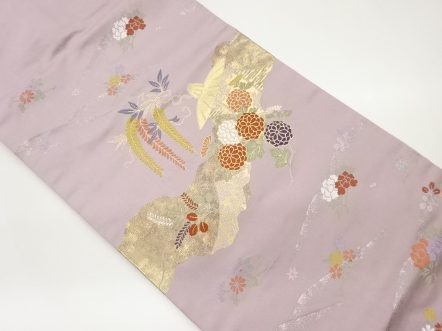 引箔道長取に笠・草花模様織出し名古屋帯